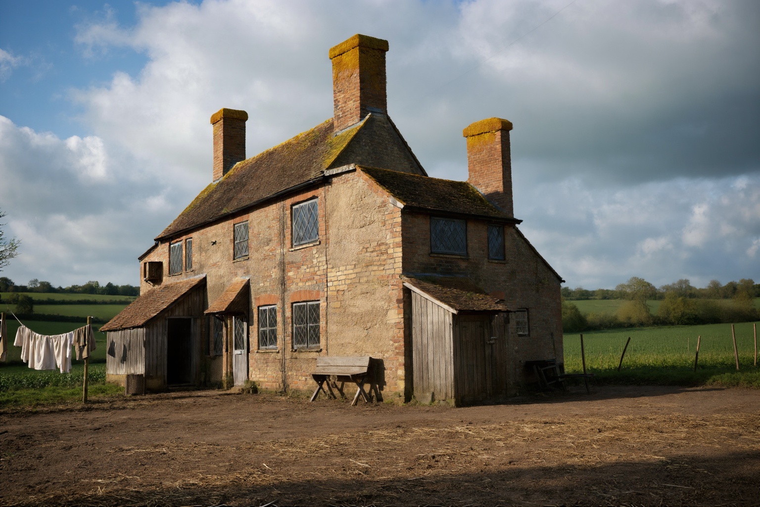 A high quality cinematic photograph of a rustic countryside cottage with distinctly historical architectural features,  su...