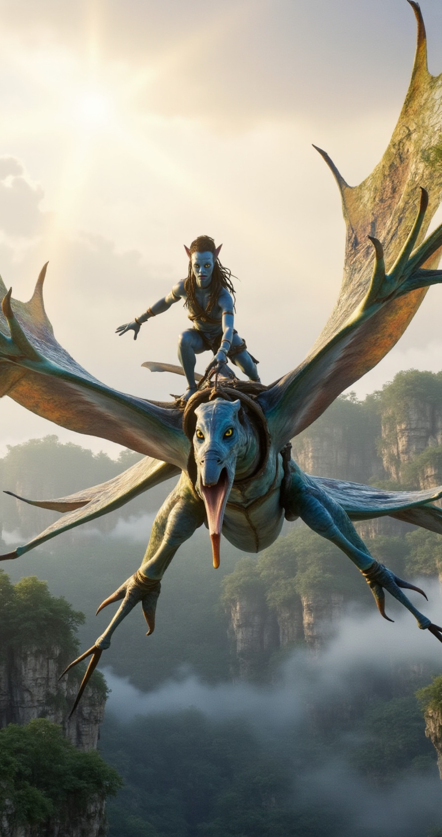 A majestic Na'vi warrior riding an Ikran (banshee) high above the floating mountains of Pandora,  wings spread wide,  sunl...