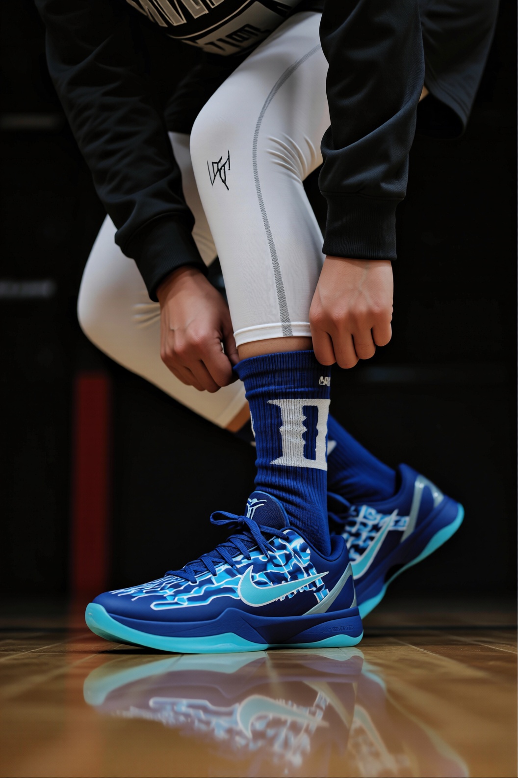 Nike Zoom Kobe 5 Blue,  男性穿着该鞋款,  搭配蓝色带白色标志长袜、黑白色运动装与白色紧身裤 on Tensor.Art