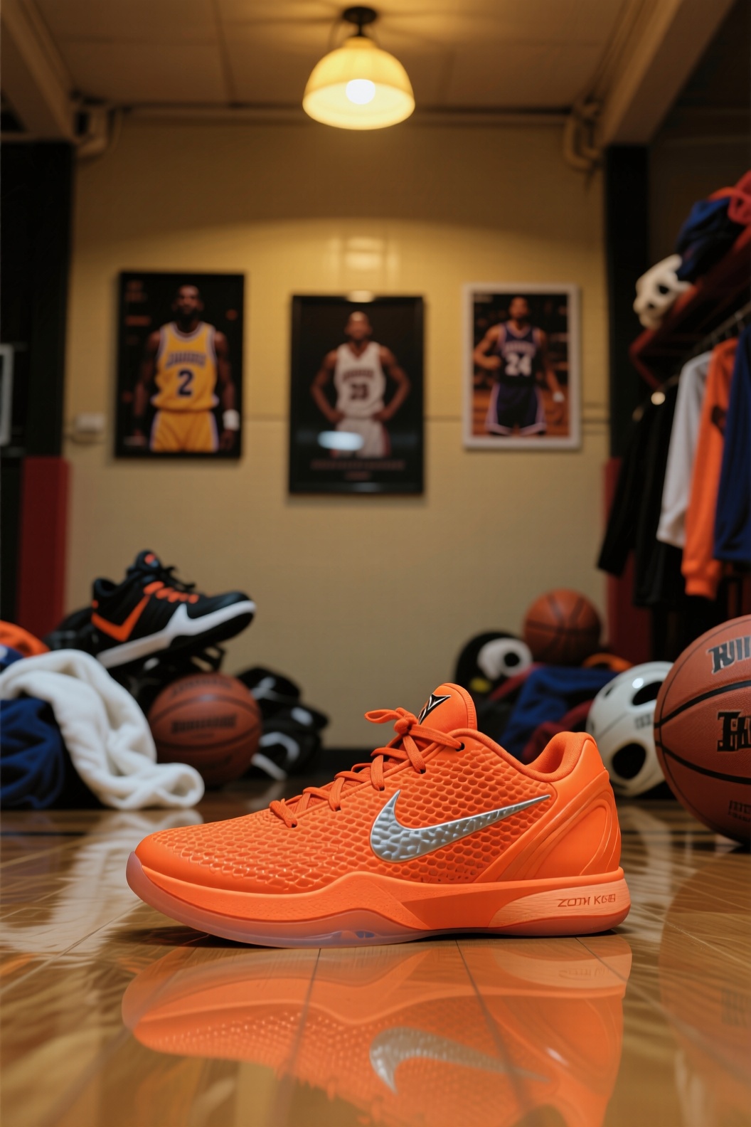 采用纪实摄影写实风格,  将Nike Zoom Kobe 6 Orange 放置在真实的篮球更衣室场景中。远景画面里,  周围是凌乱放置的篮球装备 on Tensor.Art
