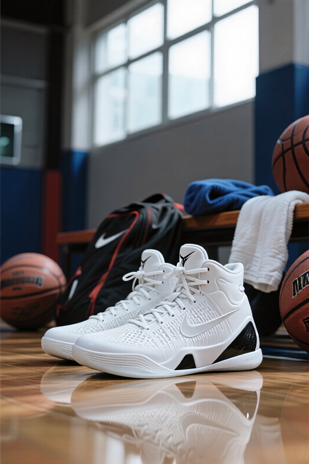 运用纪实摄影写实风格,  将Nike Kobe 9 Elite White放置在真实的篮球馆休息区场景中。远景画面里,  周围有一些用过的篮球、毛巾和运动背包 on Tensor.Art
