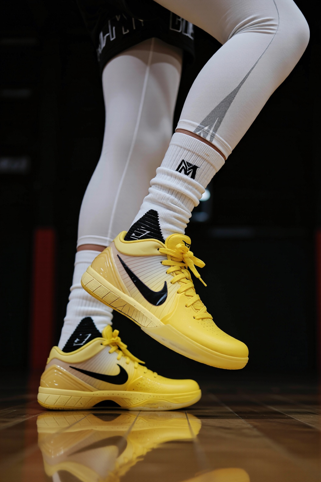 Nike Zoom Kobe 4 Yellow,  a man wears this shoe,  paired with white stockings with black logo on Tensor.Art