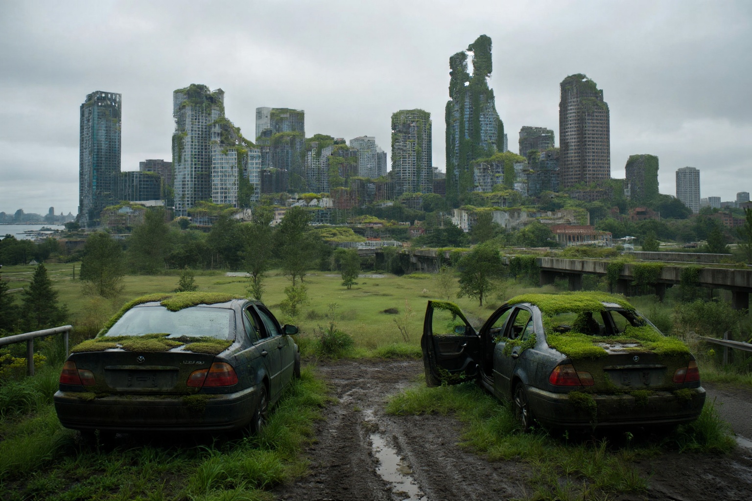 A high-quality high concept cinematic photograph of a post-apocalyptic cityscape,  captured as a background scene with a c...