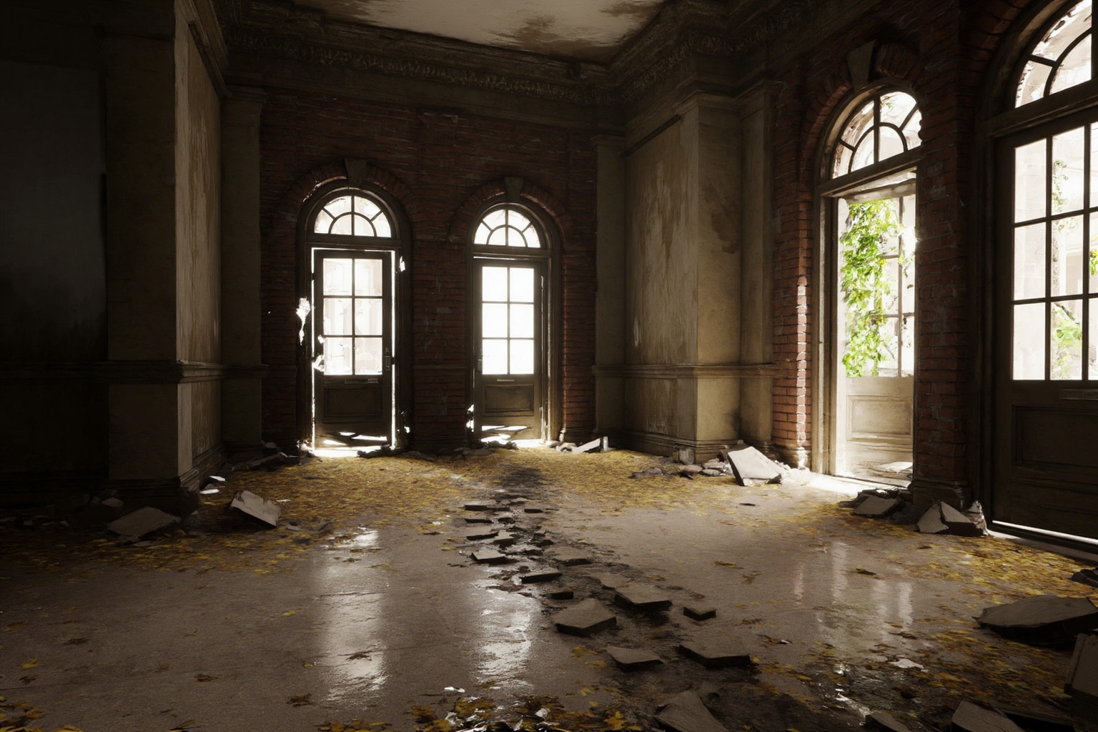 This is a highly detailed CGI render depicting a post-apocalyptic interior,  specifically a grand room within a once-opule...