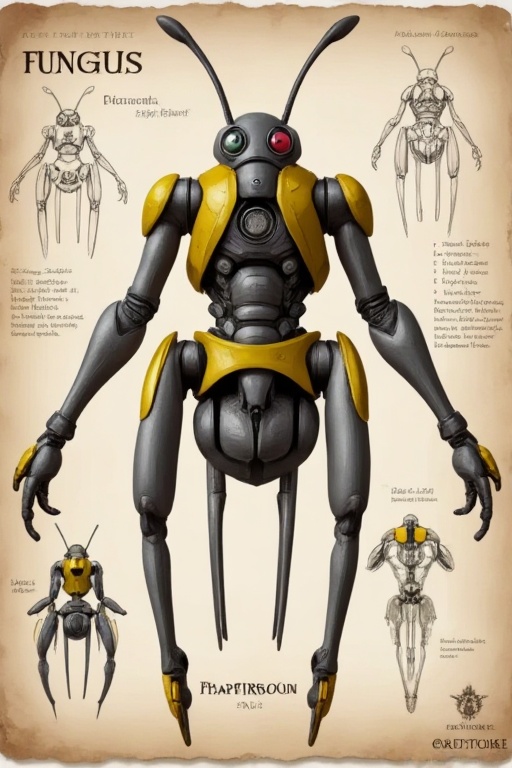 The image depicts a detailed,  mechanical design of a robotic insect,  known as a "Fungus on Tensor.Art