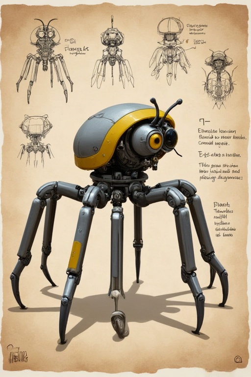 The image depicts a detailed,  mechanical design of a robotic insect,  known as a "Fungus on Tensor.Art
