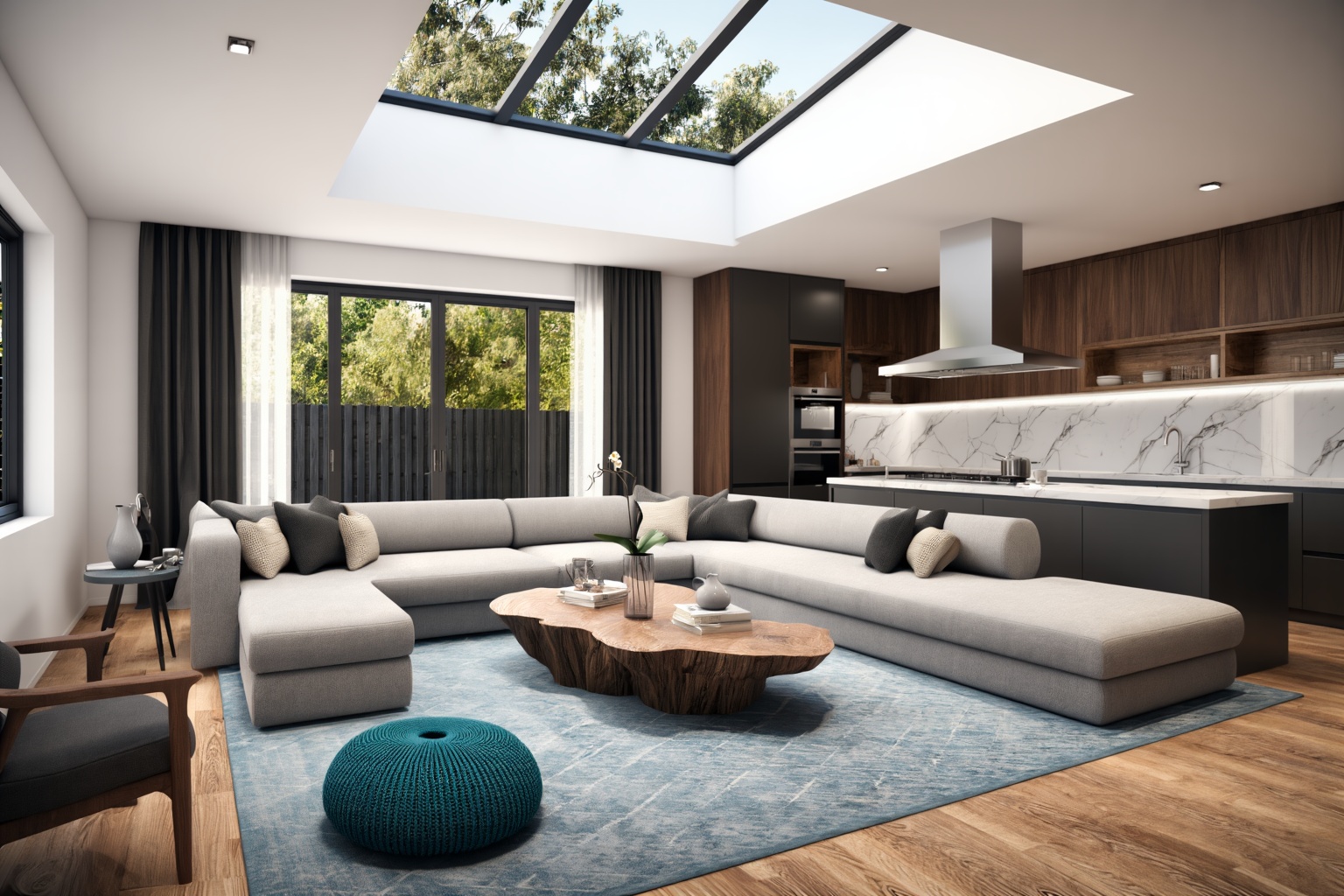 This is a CGI render of a modern open-concept living room and kitchen,  featuring contemporary furniture,  minimalist deco...