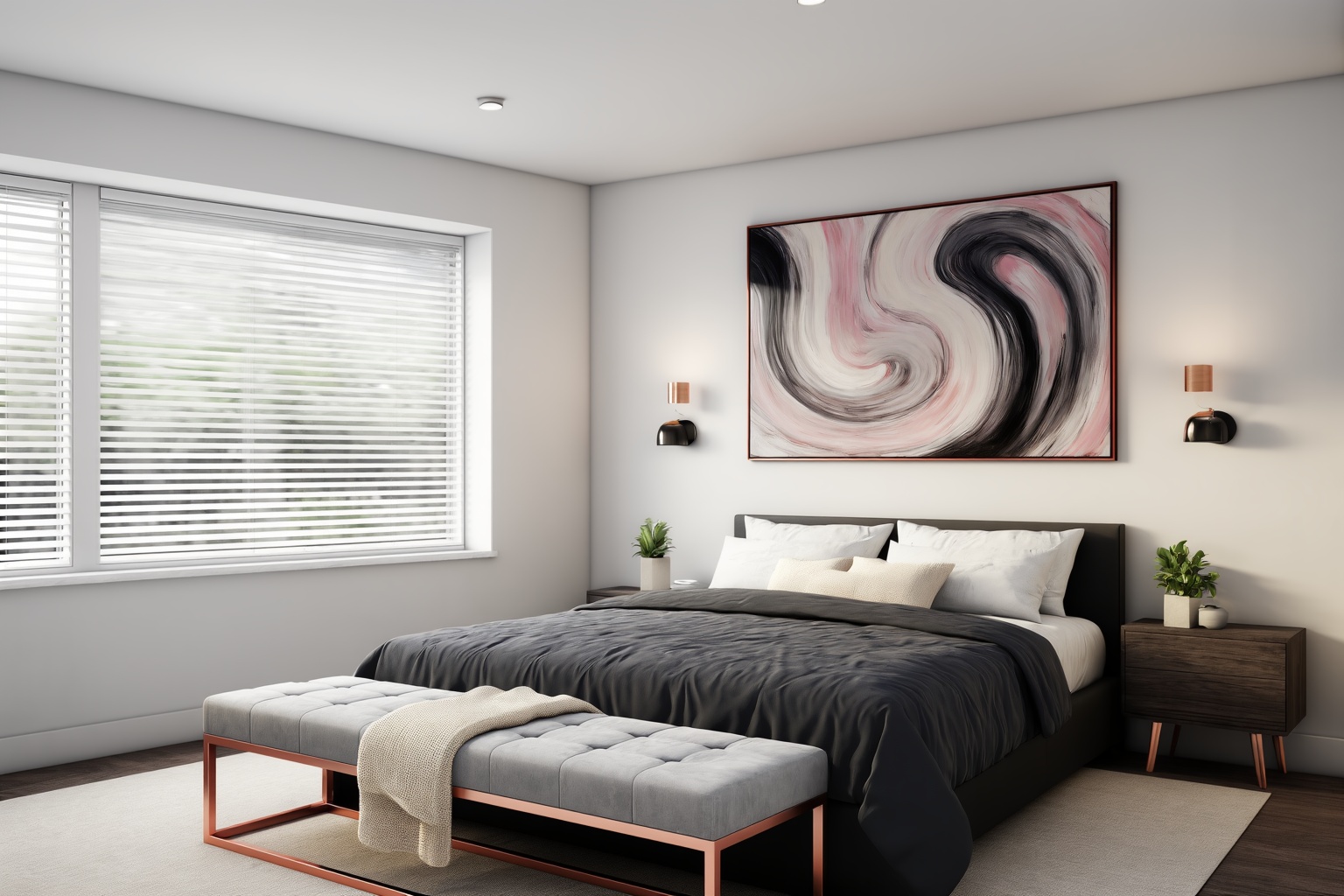 This is a realistic cgi render of a contemporary bedroom designed with sleek,  modern aesthetics. The scene is bright,  in...
