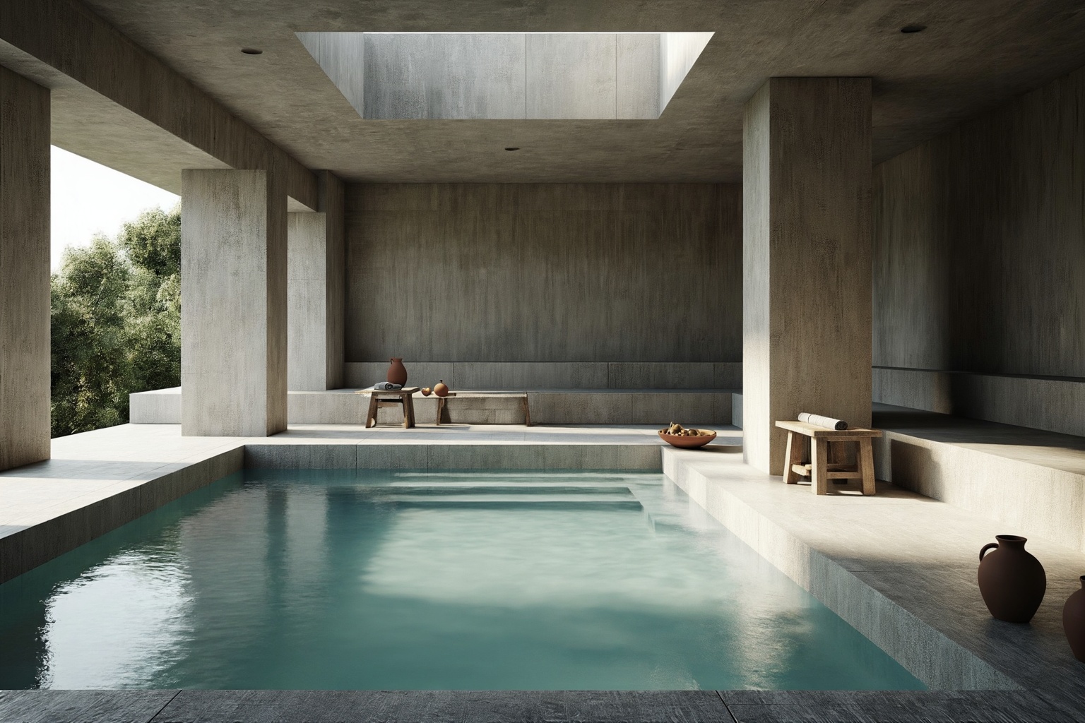 This is a CGI render depicting a luxurious and minimalist indoor pool area with a distinctly classical and somewhat Brutal...