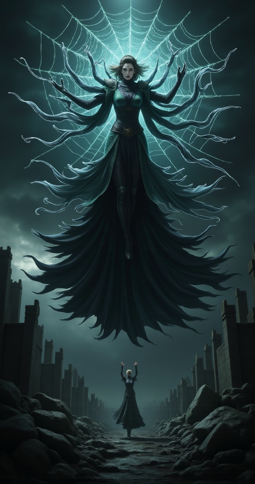 spiderqueen_bmw,  standing tall in the center of a massive web,  silk threads spiraling around her like energy whips on Te...
