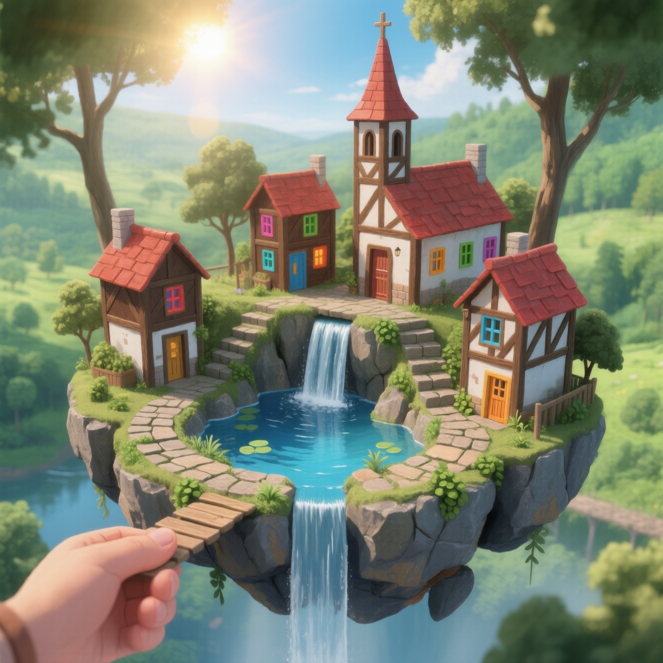 Digital illustration tilt-shift of a0b a miniature village on a floating island. The island has a central waterfall cascad...