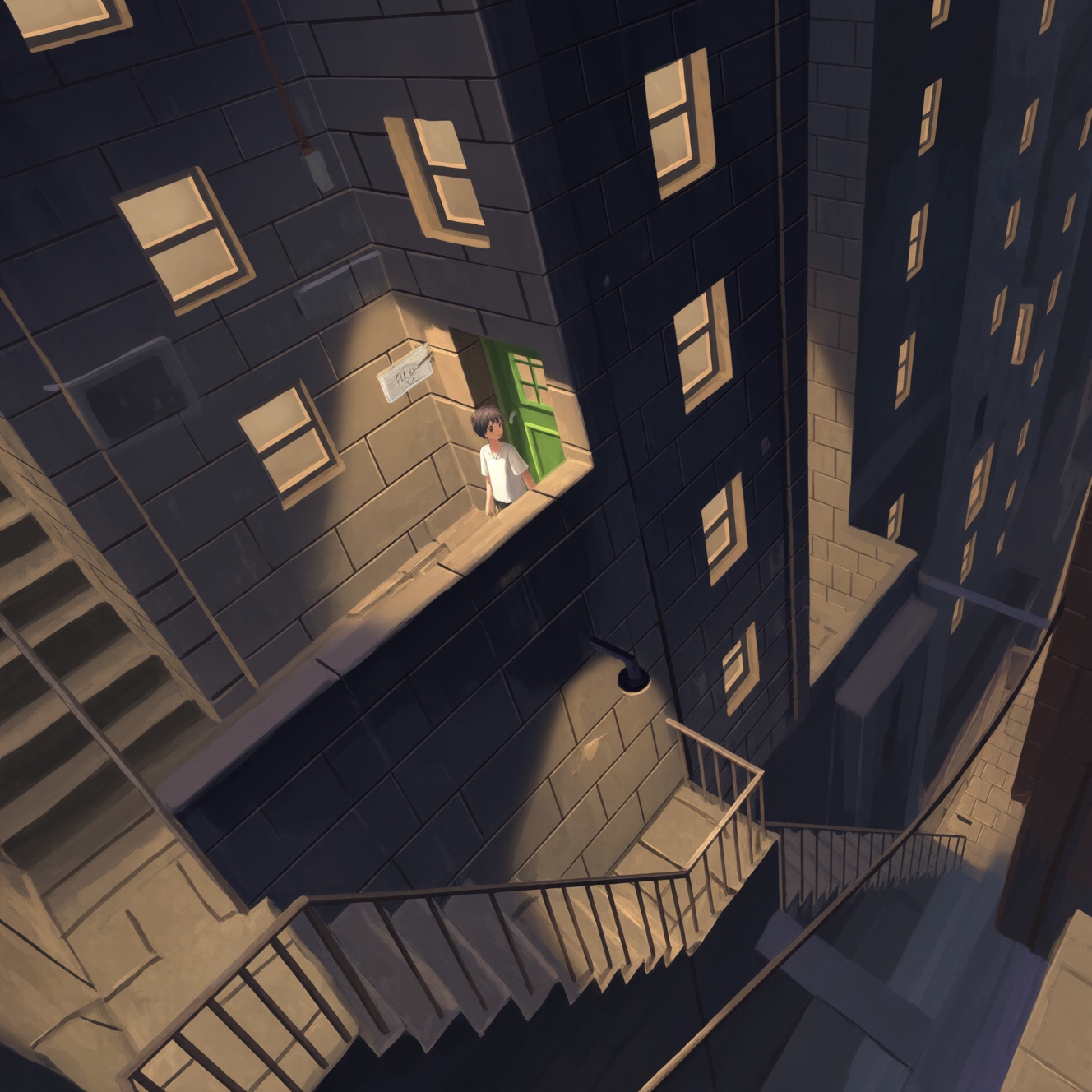 Digital illustration of a0b a nighttime urban scene. A person with short hair and a white shirt stands on a small balcony...