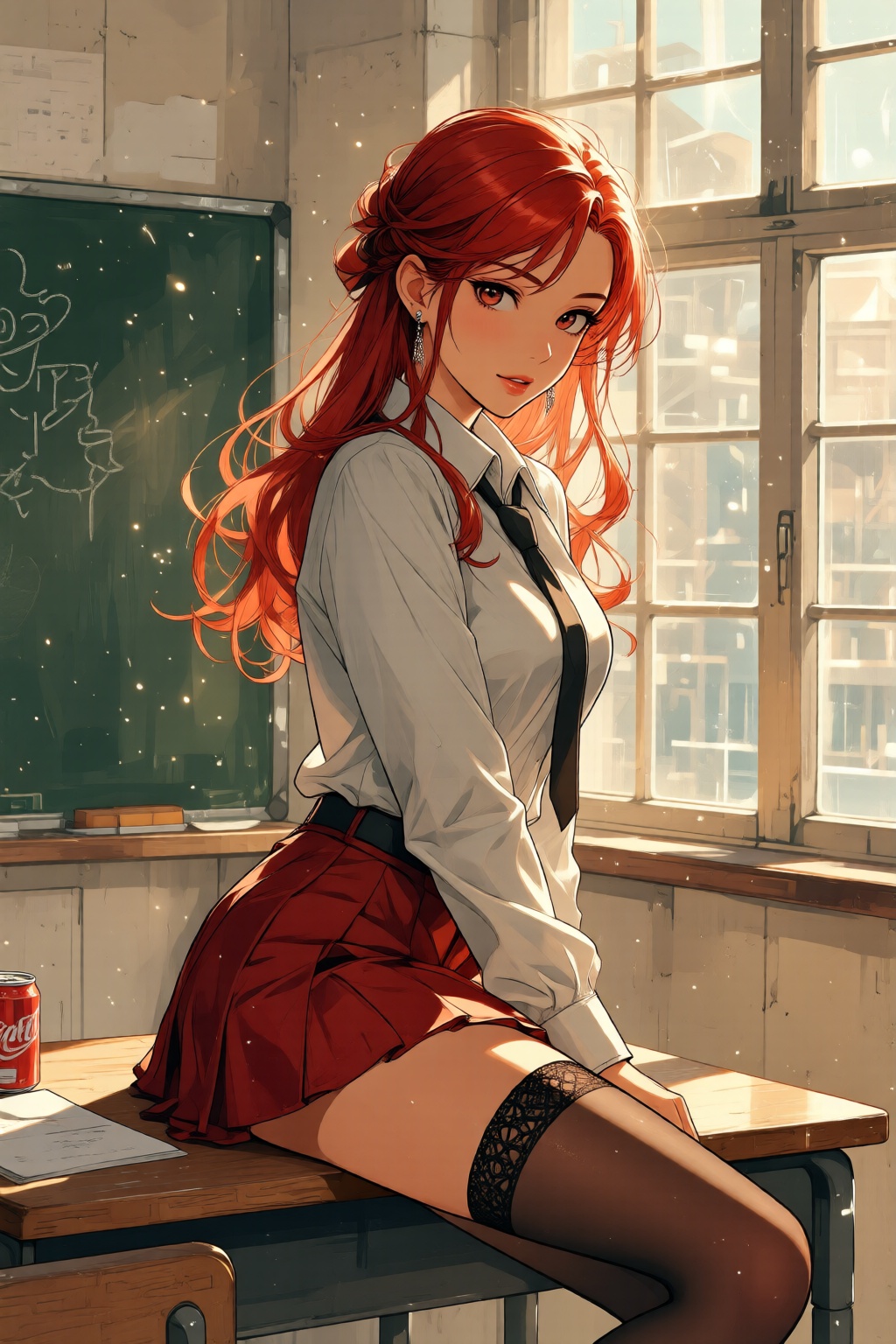 nijimix6q anime style illustration. A young woman with long,  wavy red hair,  wearing a white blouse with a black tie and...