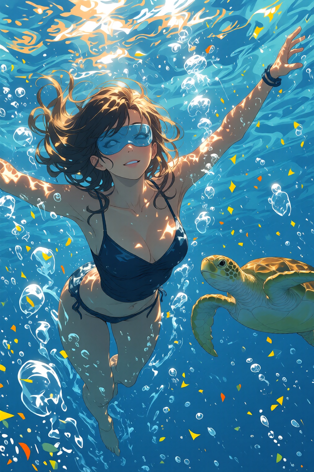 nijimix6q anime style illustration. woman swimming underwater. The woman is wearing a one piece swimsuit,  and she is wear...