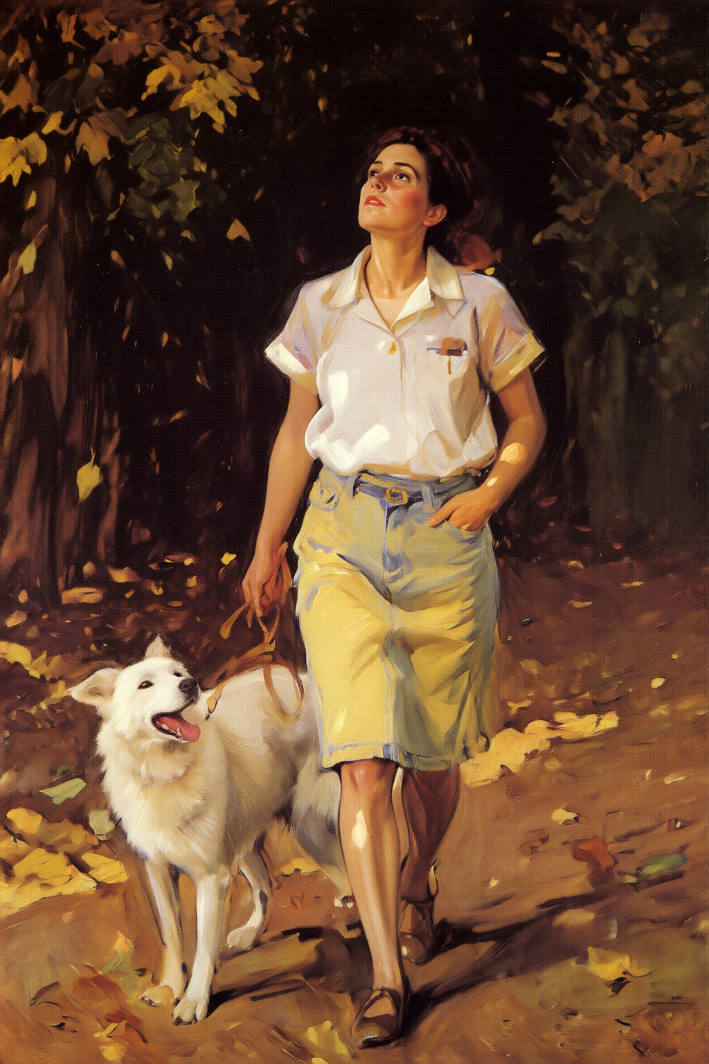 joaquinsorolla3q painting. A woman,  wearing a short-sleeved shirt and yellow jean miniskirt,  walking a white snowfox on...
