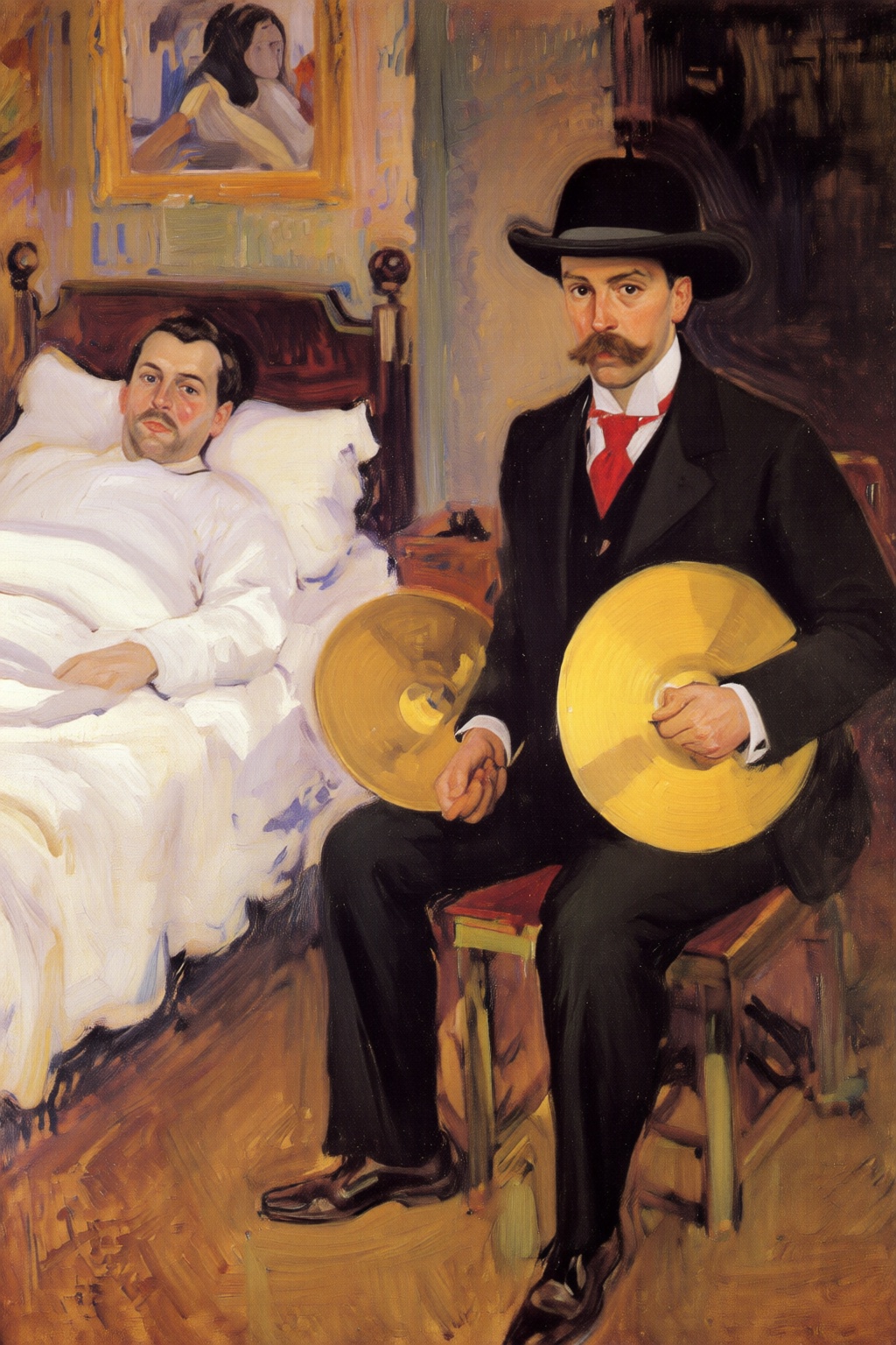 joaquinsorolla3q painting. The scene depicts a whimsical,  surreal bedroom setting. On the left is a man sleeping on a bed...