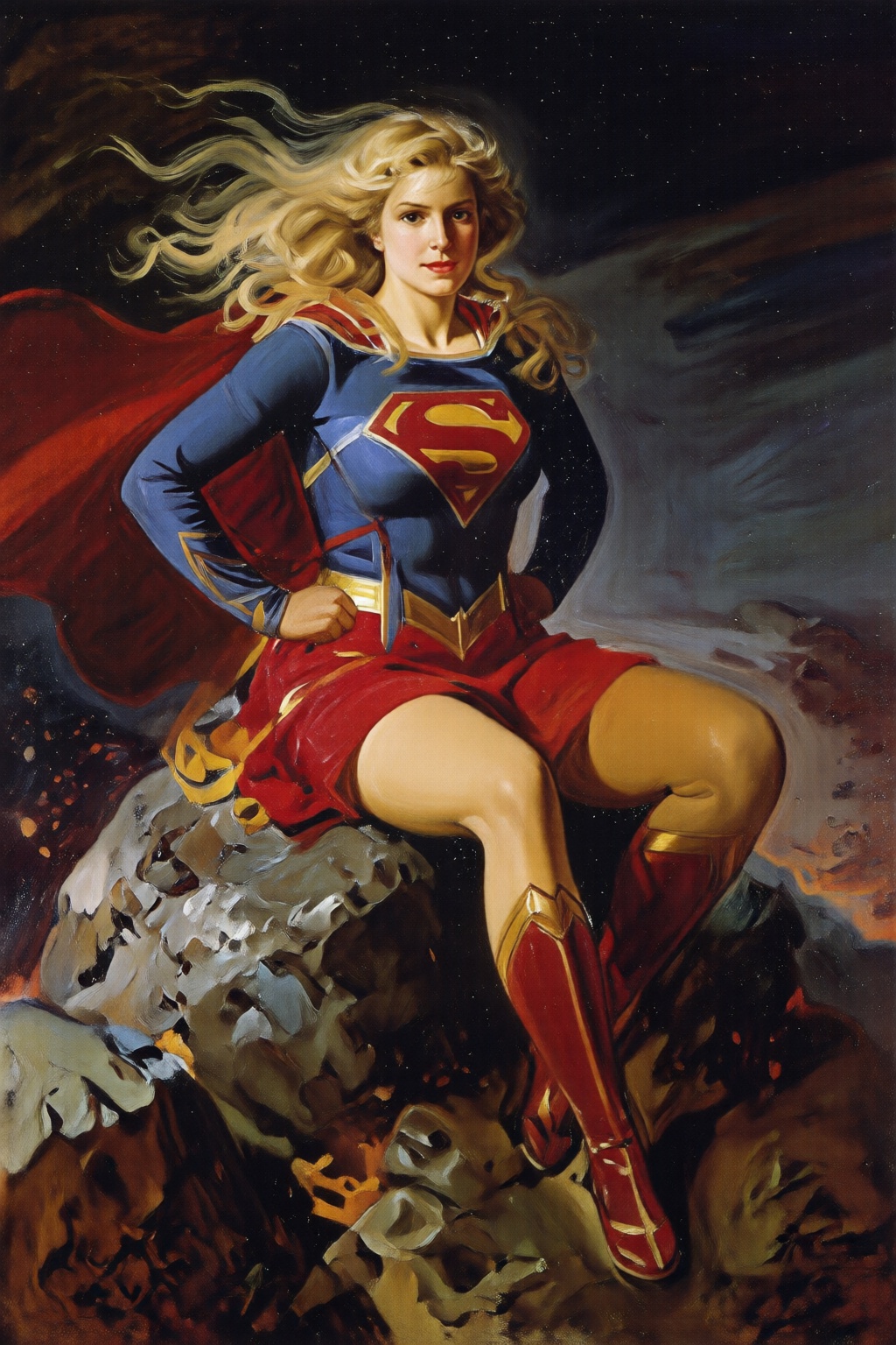 joaquinsorolla3q painting. Supergirl posing while sitting on top of a meteorite. She has long,  flowing blonde hair,  styl...