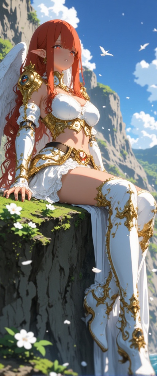 Highly detailed digital anime illustration of a serene seraphic angel girl with long wavy red hair cascading to back thick...