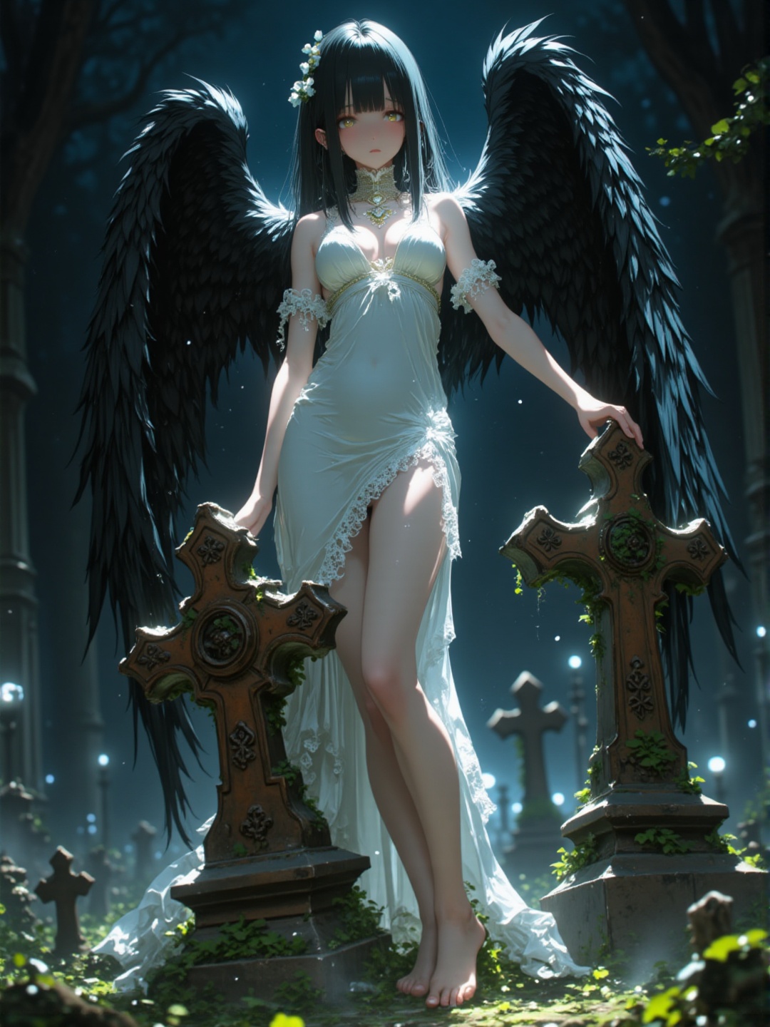 A nude angel with flawless porcelain skin stands on an ancient,  overgrown graveyard at night. Her white nightgown has sli...