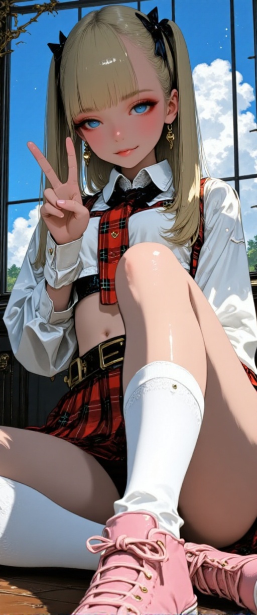 Highly detailed digital anime illustration of a playful kawaii schoolgirl with long blonde hair in high pigtails 25cm long...