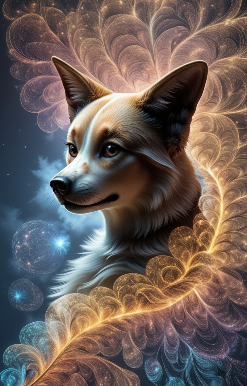 Fractalcreaplay. Portrait of a dog in profile. Dog made of fractal structures,  fractal object,  detailed fractal surface...