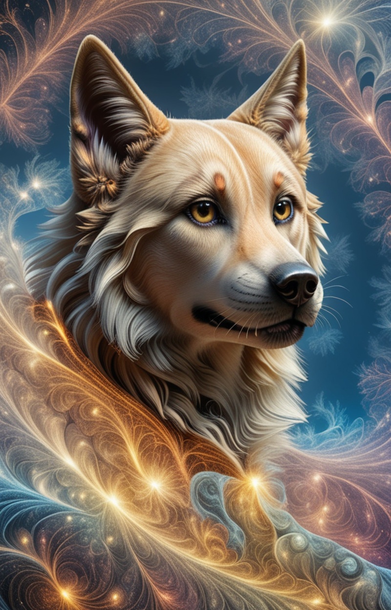 Fractalcreaplay. Portrait of a dog in profile. Dog made of fractal structures,  fractal object,  detailed fractal surface...