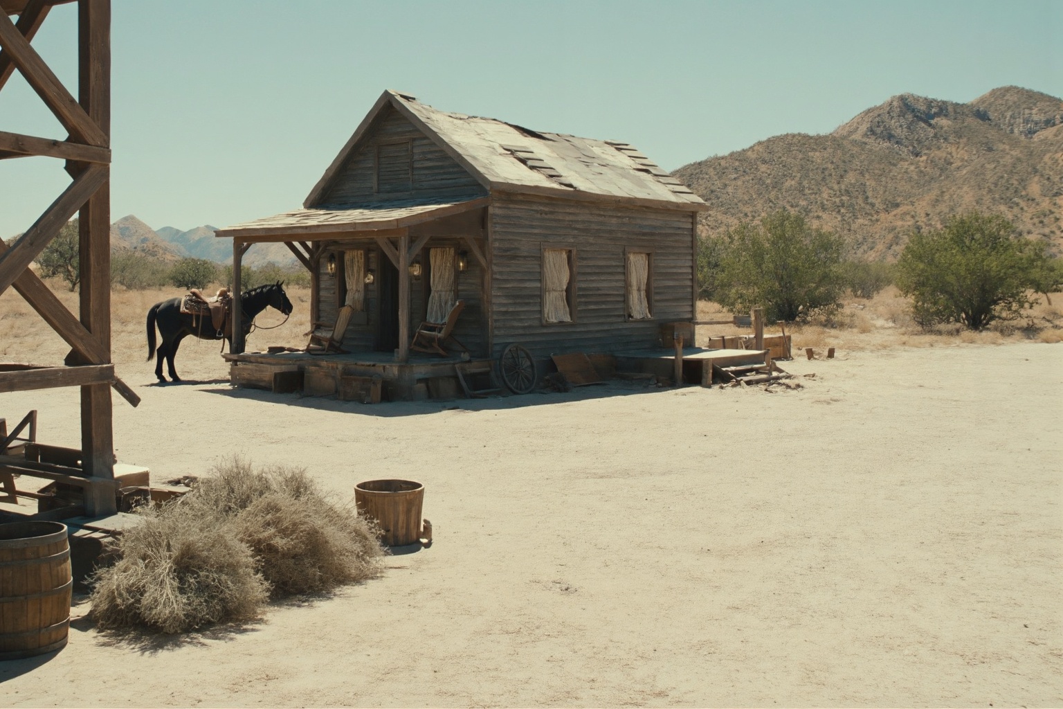 A high quality,  high concept cinematic photograph of a weathered wooden homestead set against the stark backdrop of the A...