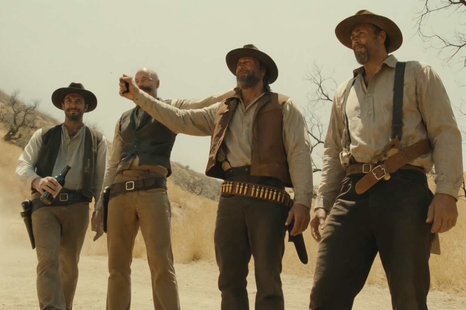 A high-quality cinematic still. The scene is a full,  detailed exterior from the Old West epoch,  depicting three men stan...