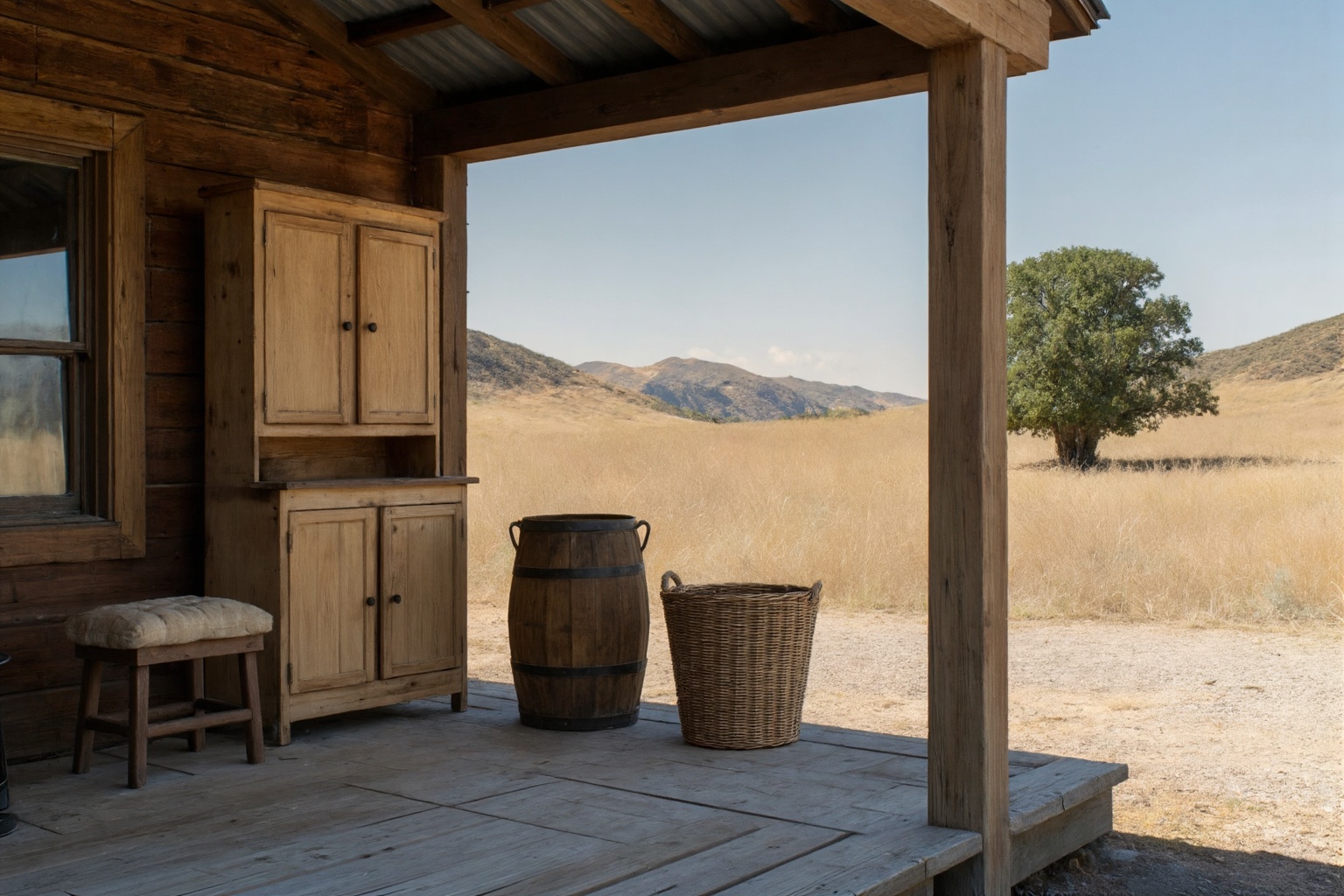 This is a photograph of an Old West cabin exterior,  likely dating to the late 19th century and situated in a dry,  rugged...