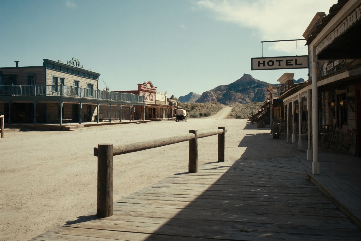A photograph of a 19th-century Old West town’s main street boardwalk,  captured from an eye-level perspective with a clear...