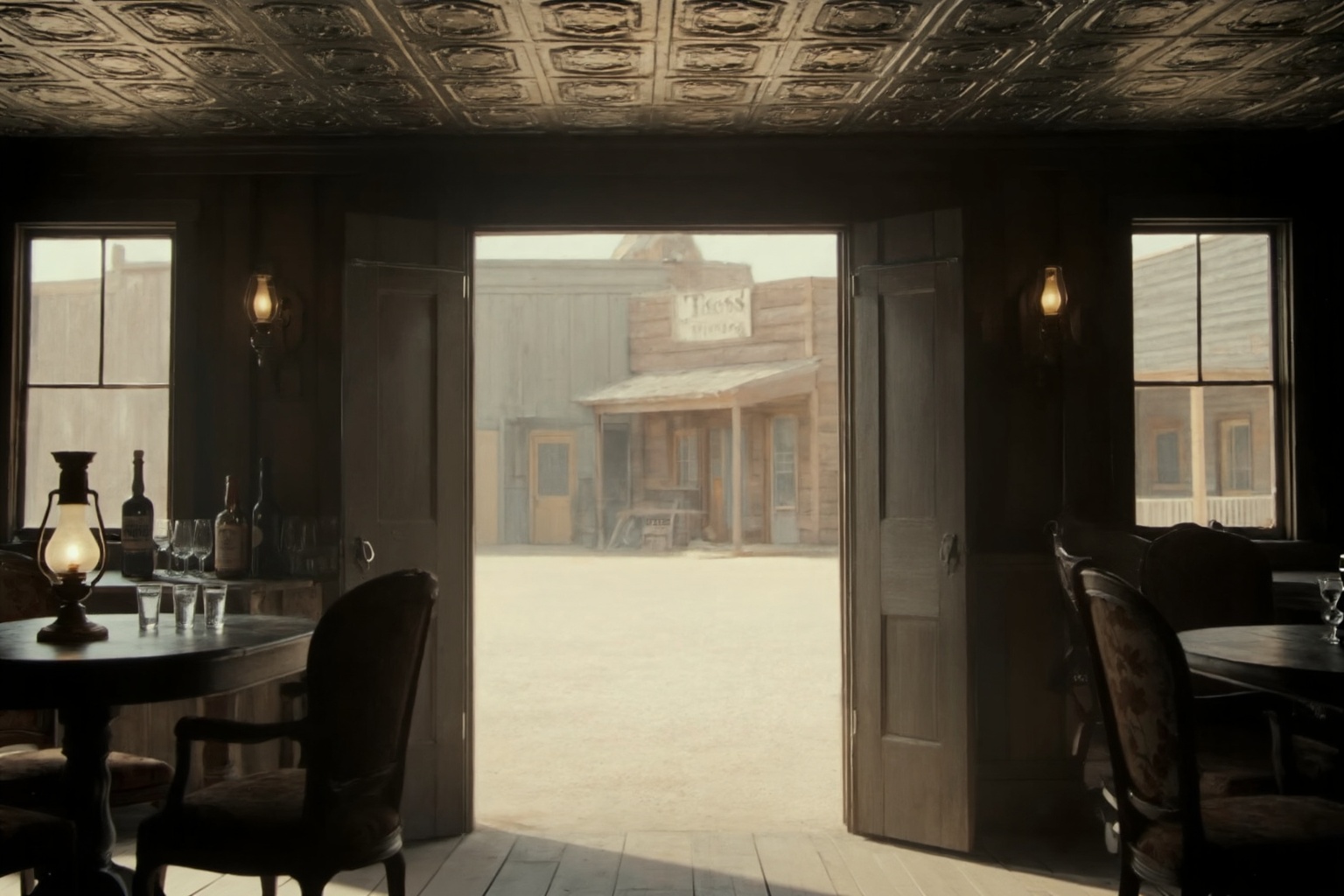 This is a cinematic photograph of a Western saloon interior,  captured from a low,  below-eye-level perspective the ornate...