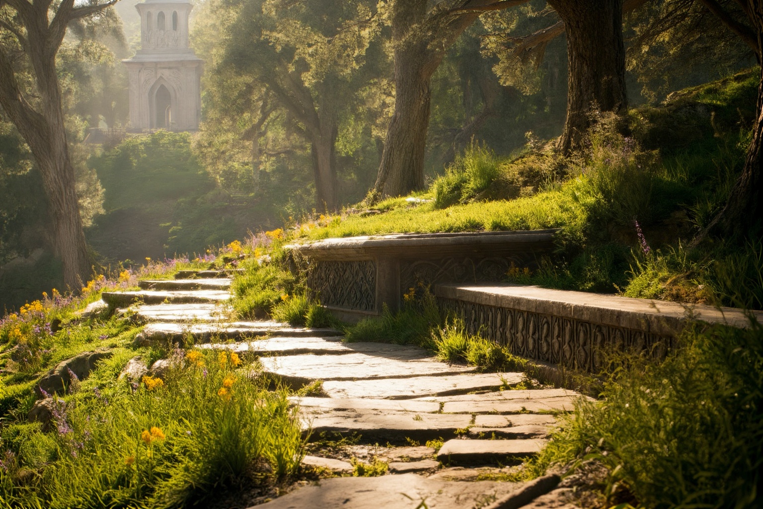 This is a high concept,  high quality,  cinematic photograph of a medieval fantasy elven walkway winding through a sun-dap...