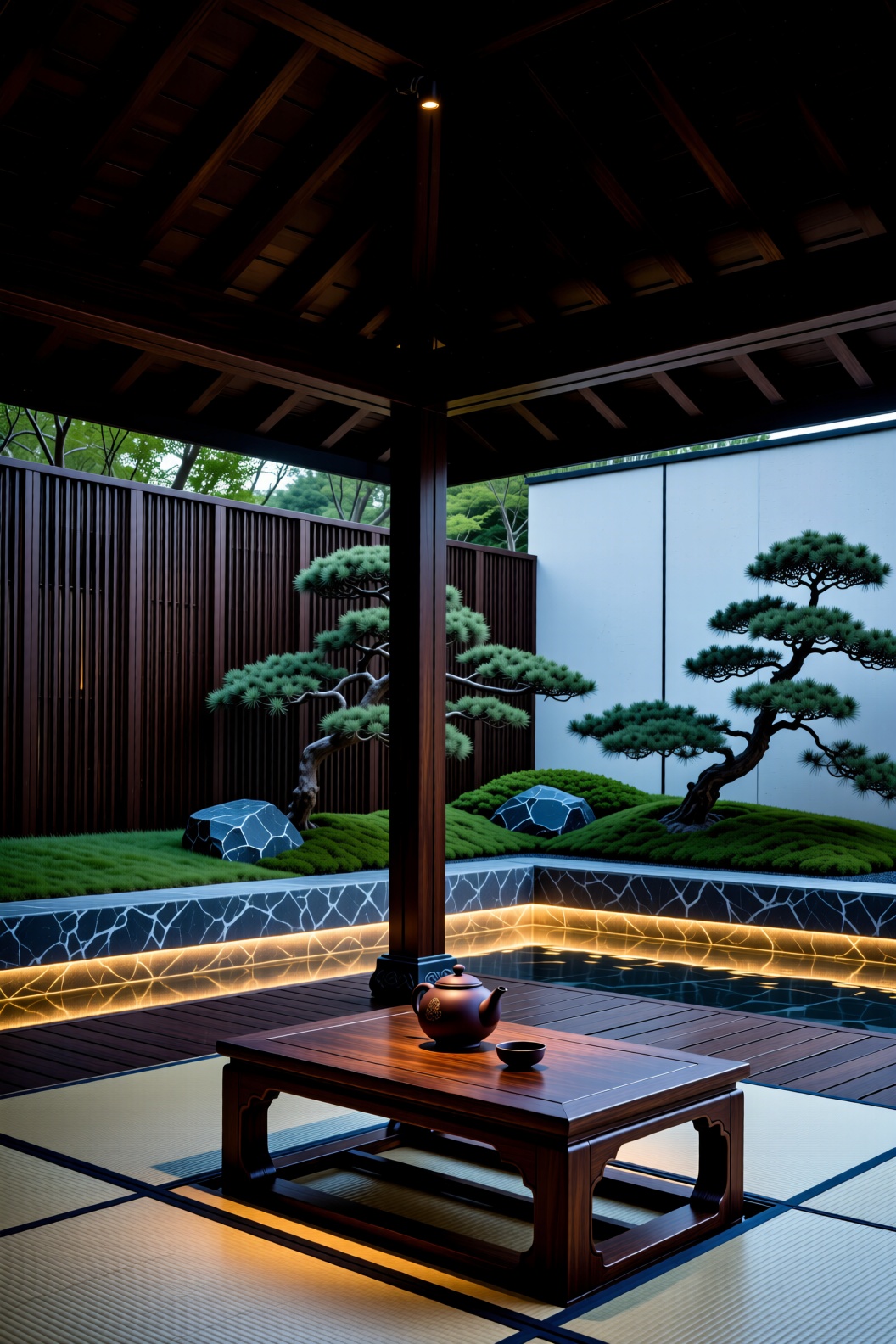The image depicts a serene outdoor setting with a traditional Japanese tea house. The tea house features a wooden structur...