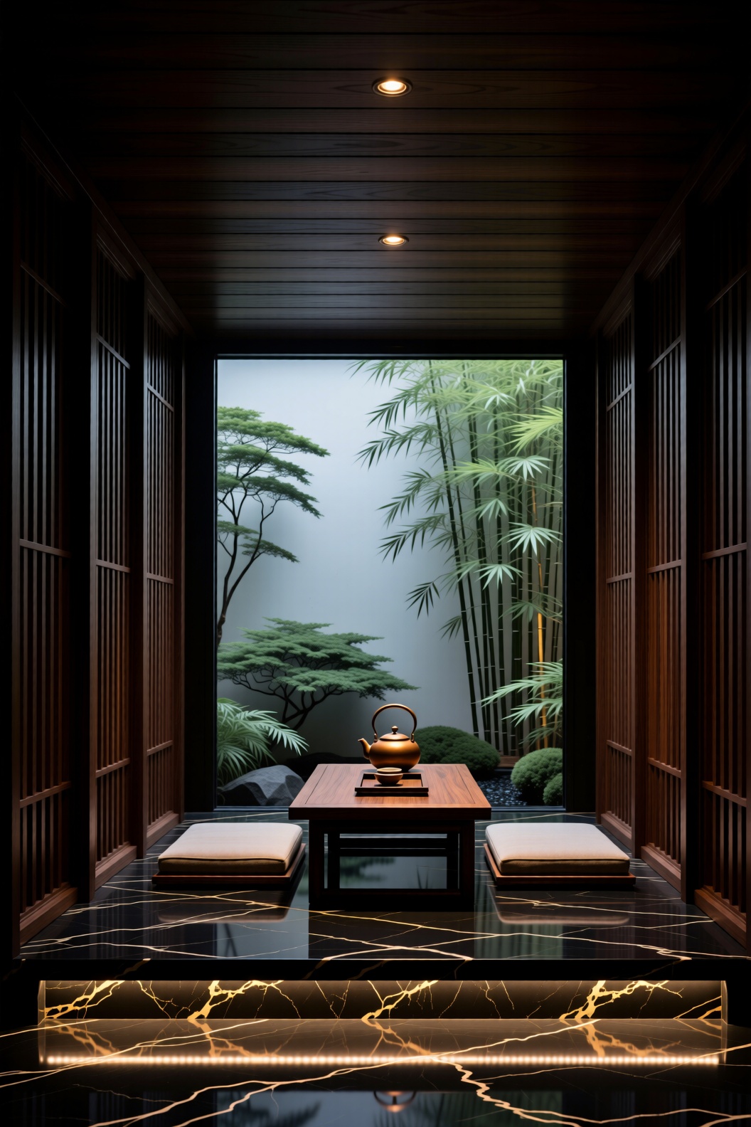 The image depicts a serene and elegantly designed interior space that appears to be a traditional Japanese tea room. The r...