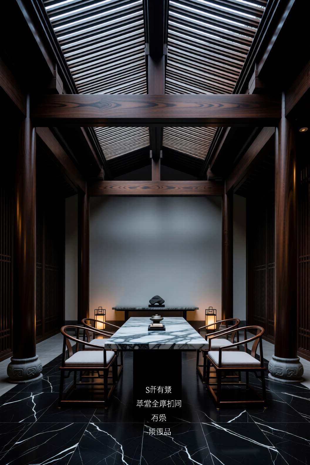 The image depicts a serene and elegantly designed indoor space that appears to be a traditional Asian-style room. The room...