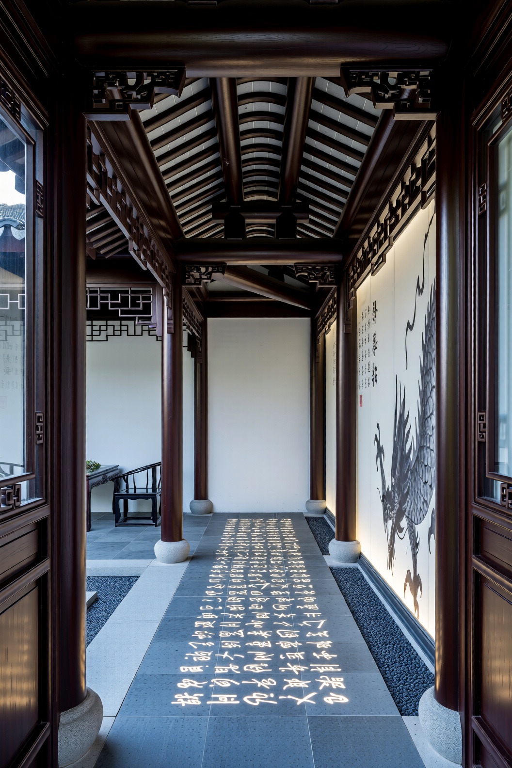 The image depicts a traditional Chinese architectural corridor with a serene and elegant atmosphere. The corridor is frame...