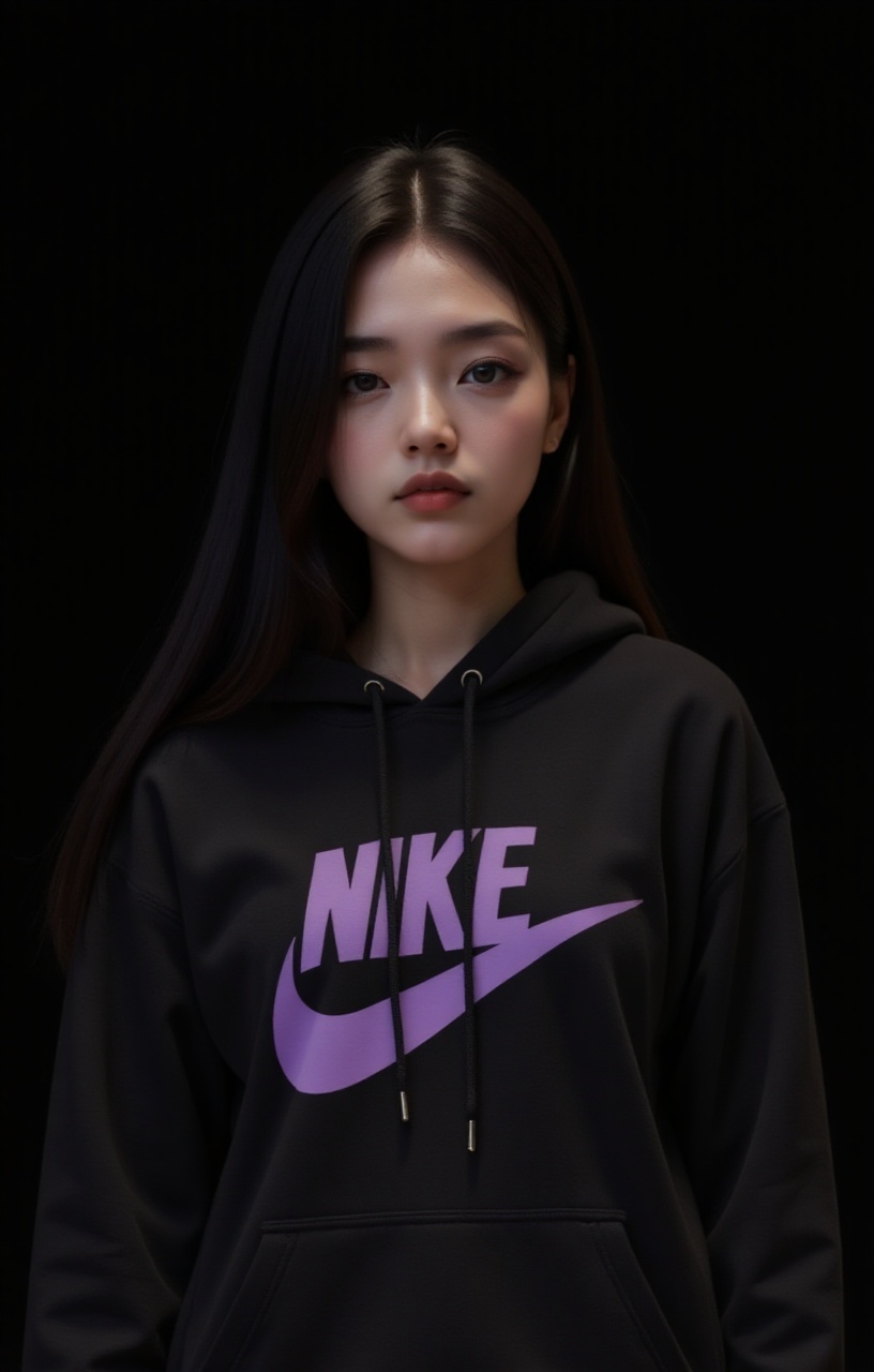 fashion advertising campaign in studio on a black background,  young Korean race woman,  Nike x Skepta fashion clothing on...