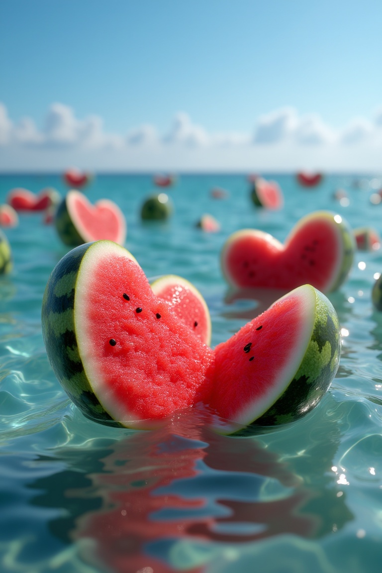 Wallpaper.keliafx,  love shapes carved from watermelon slices,  floating on wavy sea water under a clear blue sky on Tenso...