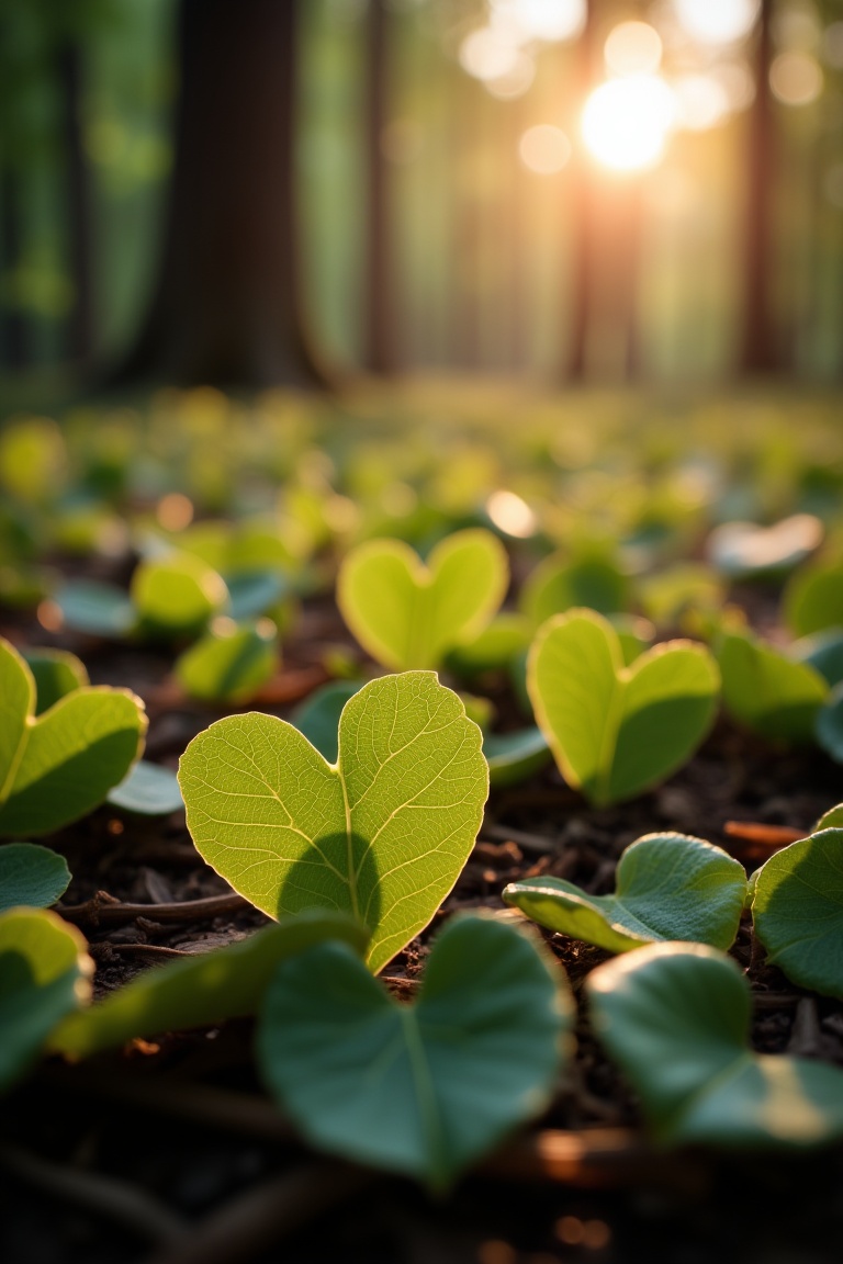 Wallpaper.keliafx,  love shapes formed by green leaves on the ground,  earthy tones on Tensor.Art