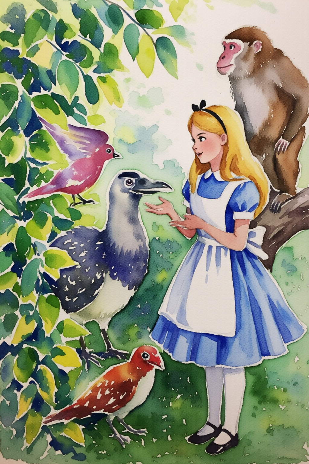 watercolorbasic2q watercolor painting. A fantastical encounter between a young girl,  Alice,  and a giant on Tensor.Art