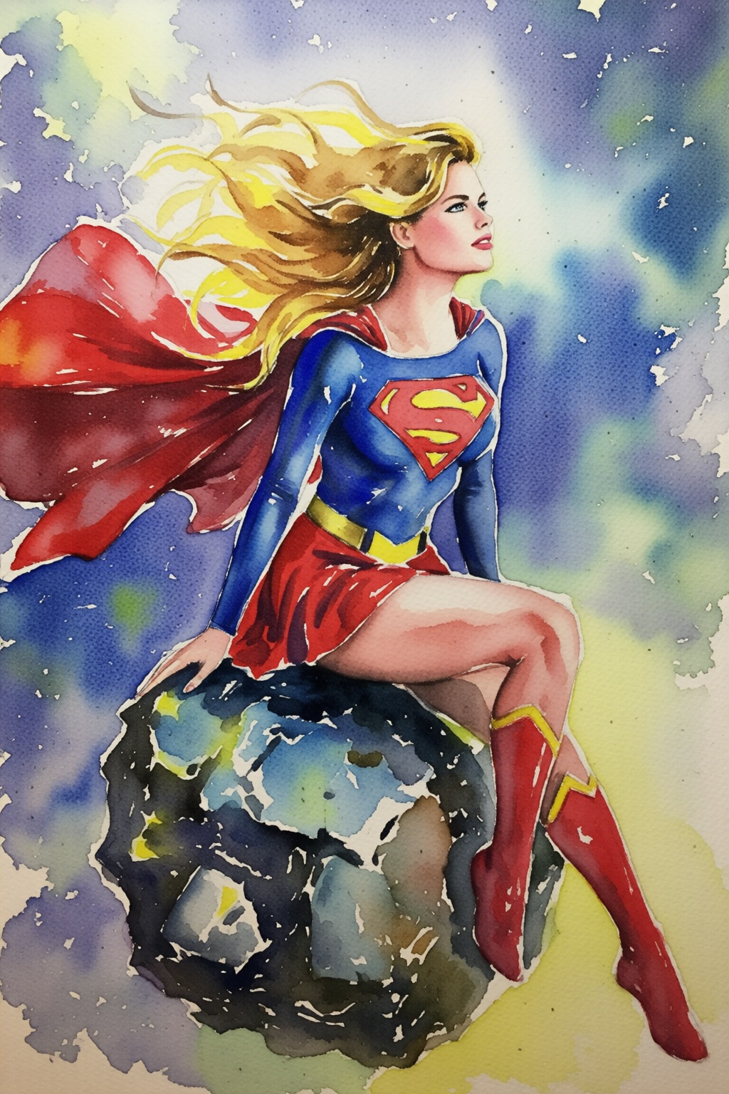 watercolorbasic2q watercolor painting. Supergirl posing while sitting on top of a meteorite. She has long,  flowing blonde...