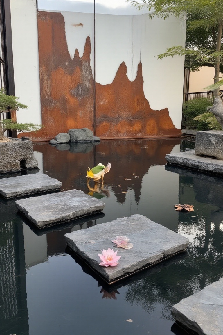 The image depicts a serene garden scene with a water feature at the forefront. The water is calm reflecting a single pink...
