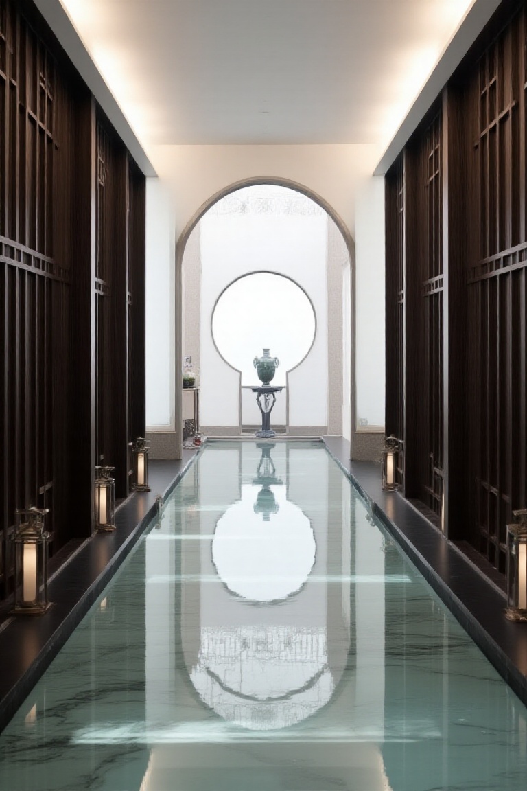 The image depicts a serene and elegant interior space with a long reflective glass table running down the center. The tabl...