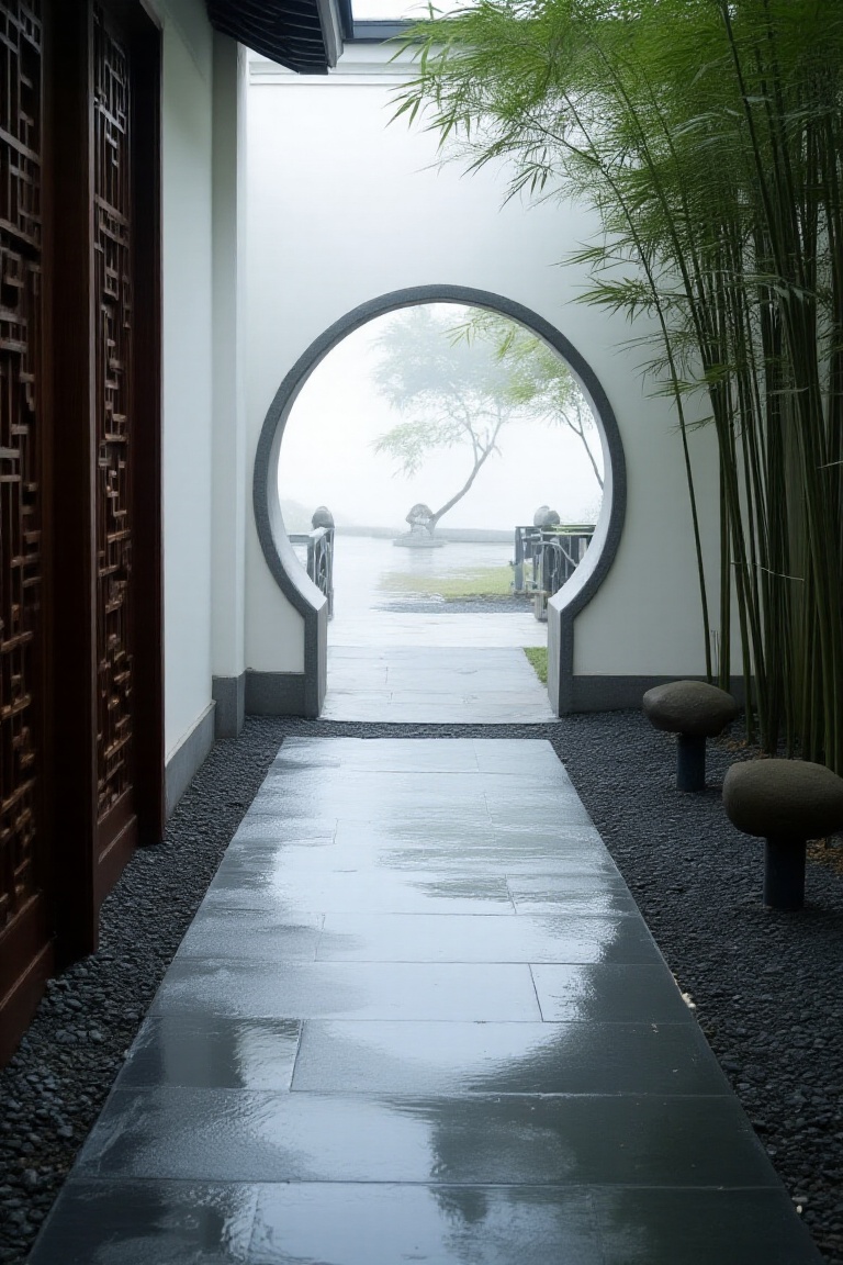 The image depicts a serene and traditional Chinese garden scene. On the left there is a wooden structure with intricate la...