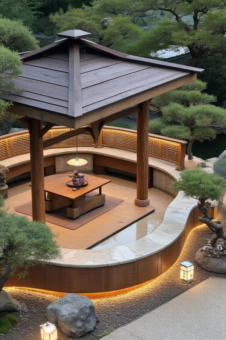 The image depicts a serene outdoor setting with a traditional Japanese tea house. The tea house features a wooden structur...