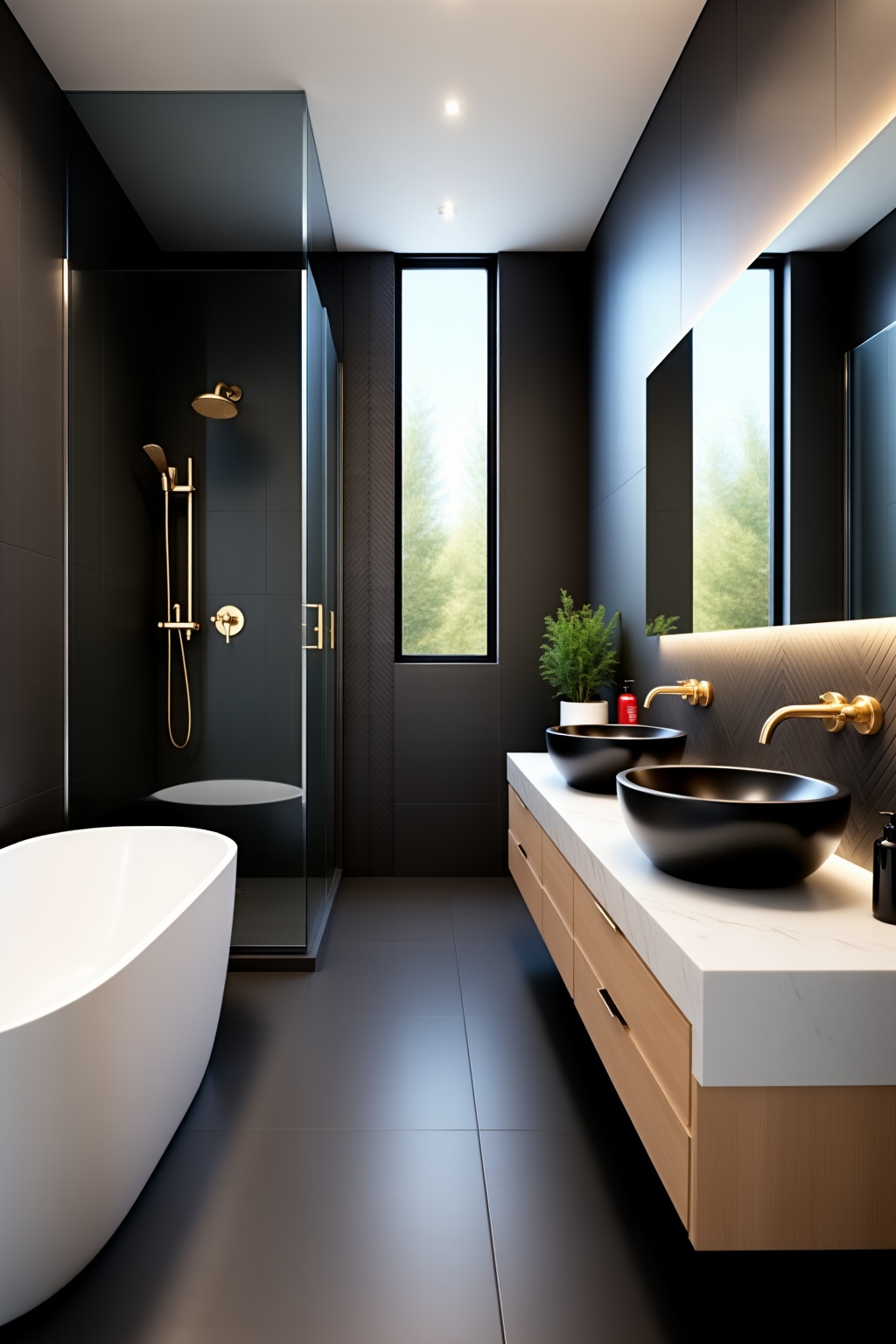 This is a high-resolution contemporary 3d render of a minimalist modern bathroom featuring sleek grey tiles,  a freestandi...