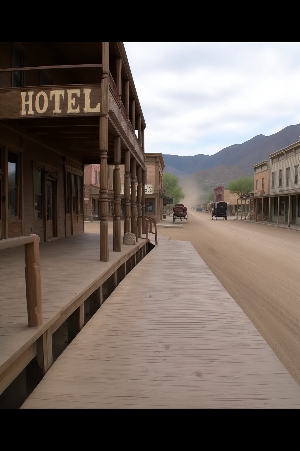 A photograph of a 19th-century Old West town’s main street boardwalk,  captured from an eye-level perspective with a clear...