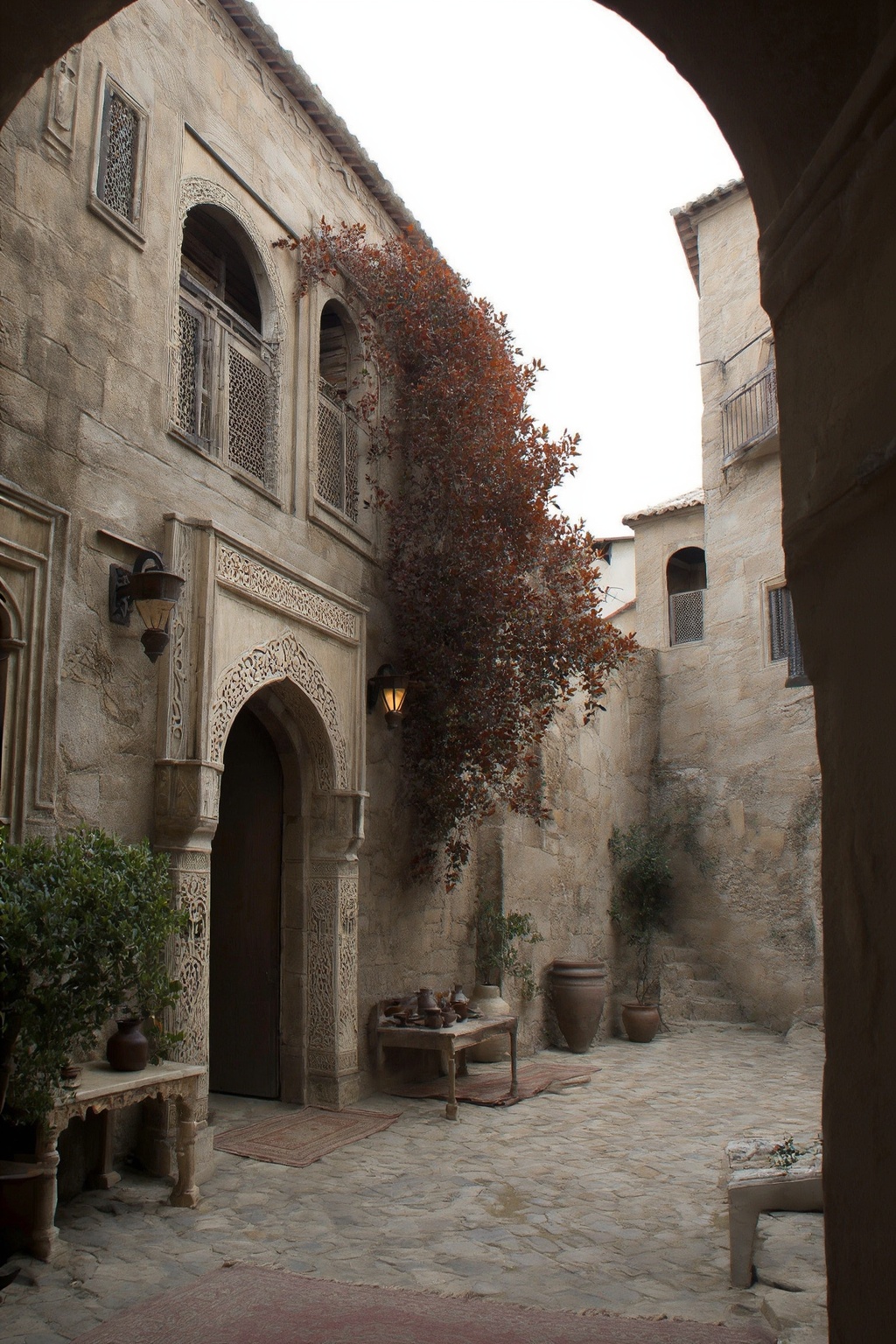 This is an eye level high quality high concept cinematic photograph of a medieval-style stone courtyard setting,  featurin...