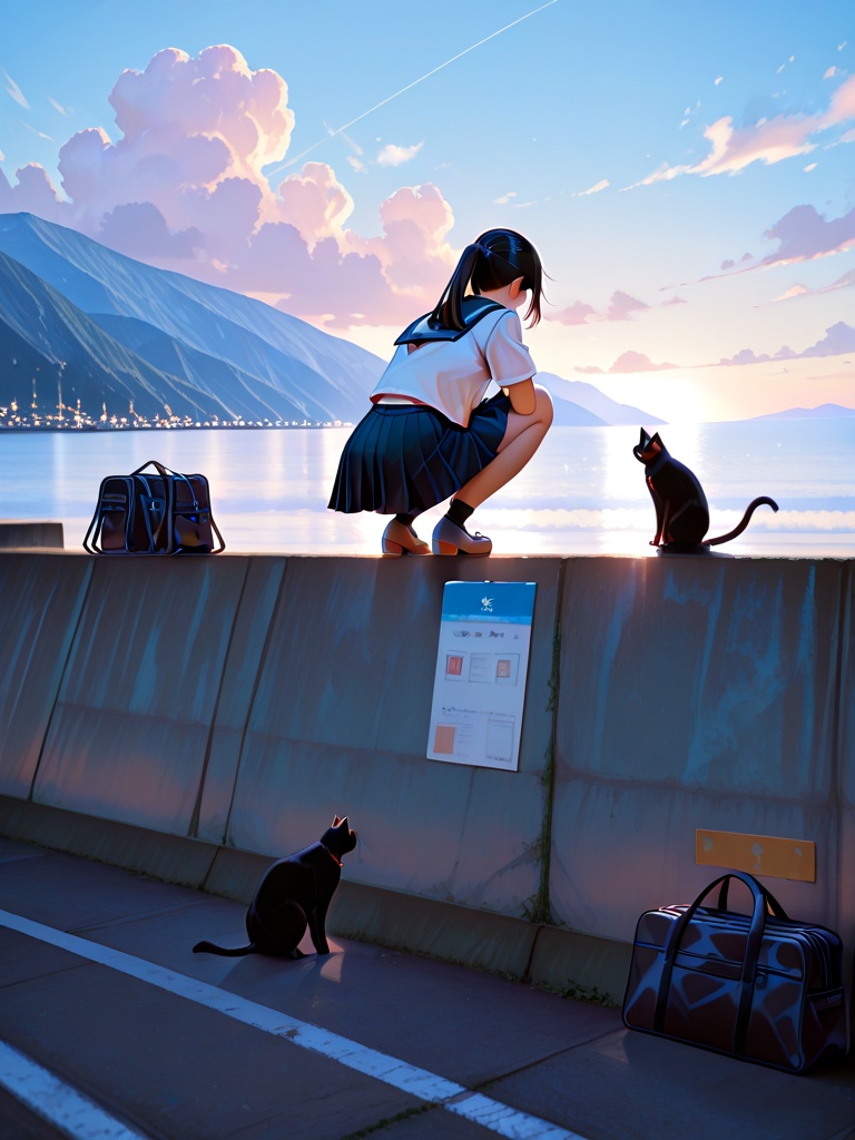 seawall,  squatting on wall,  1girl on Tensor.Art