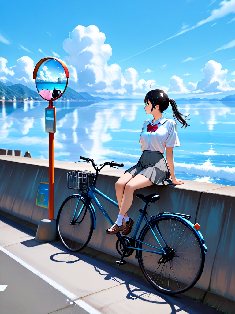 seawall,  sitting on wall,  1girl on Tensor.Art